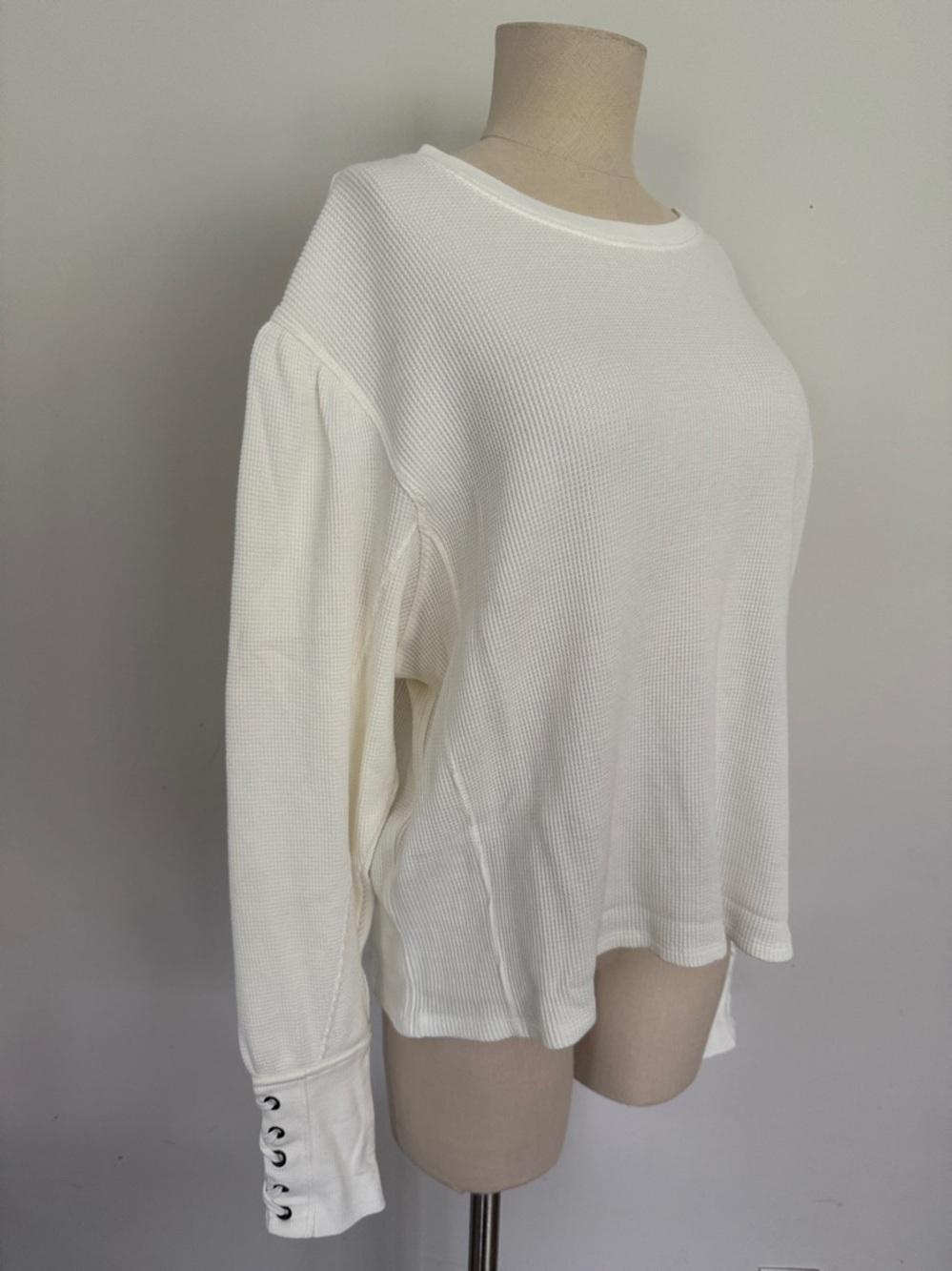 Free People Lapis Lace Up Cuff Thermal Long Sleeve Top NWT XS Ivory